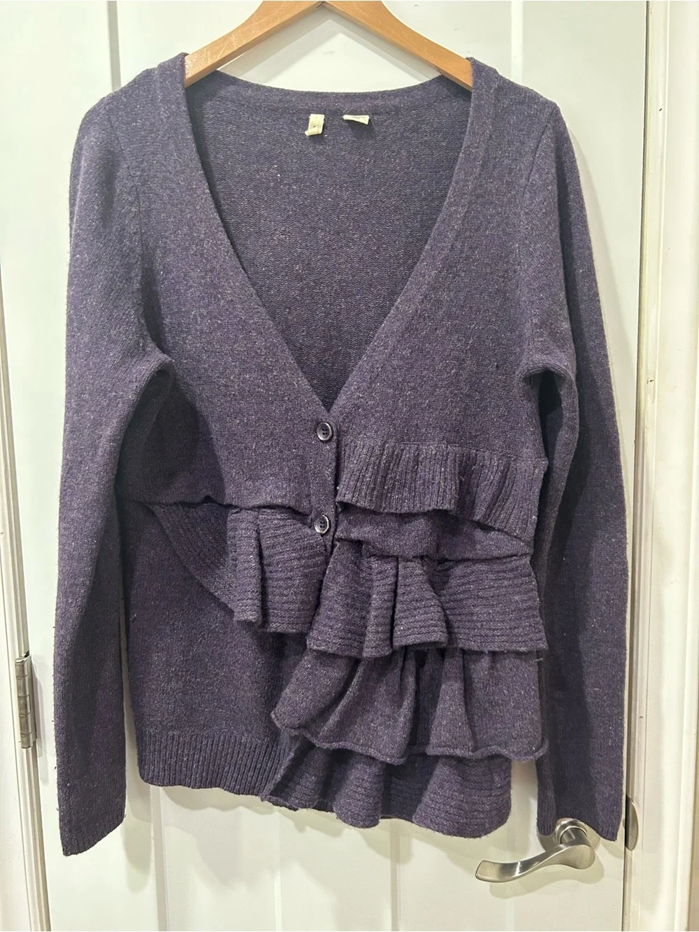 Anthropologie Moth Ruffle Cardigan Sweater Purple Wool Blend Size L Romantic
